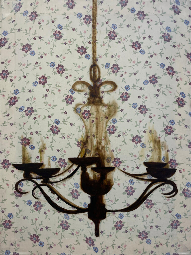 Portrait, 2023, Oil on linen bedsheets, 24” x 18&quot;