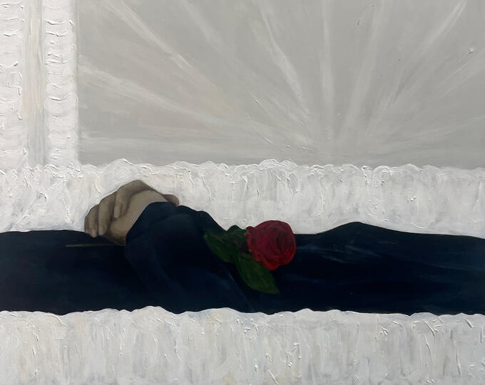 Open Casket Prayer, 2023, Acrylic on panel, 16” x 20”