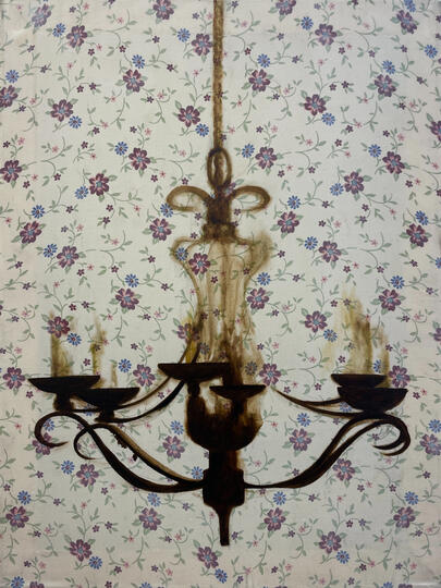 Portrait, 2023, Oil on linen bedsheets, 24” x 18&quot;